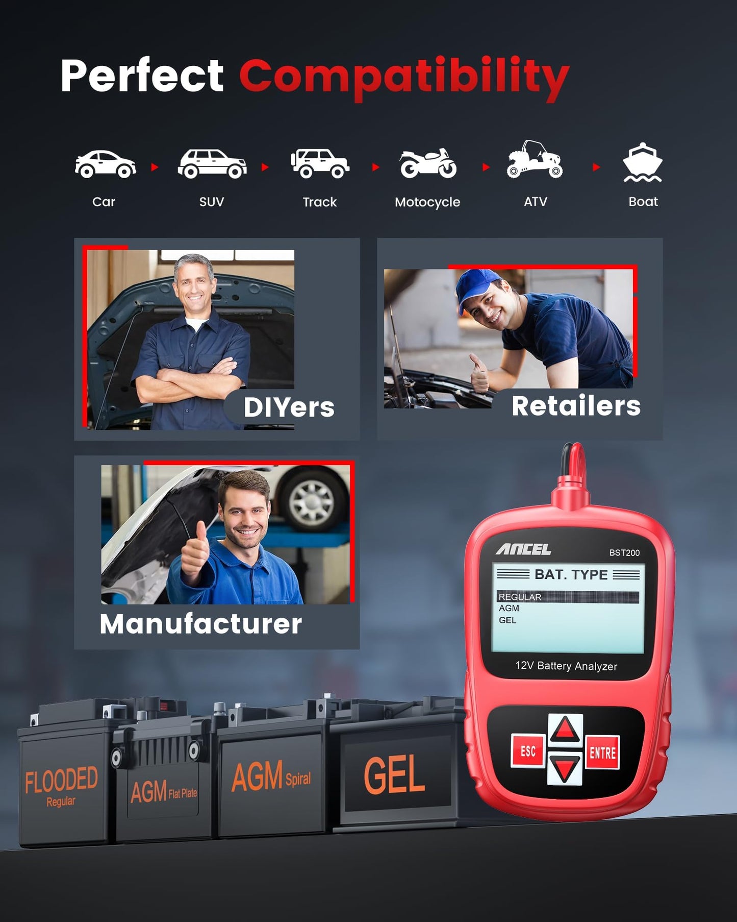 ANCEL BST200 Car Battery Tester 12V Automotive, 100-1100 CCA Battery Load Tester Tool, Auto Battery Analyzer Digital Tester for Car Truck Motorcycle SUV Boat and More