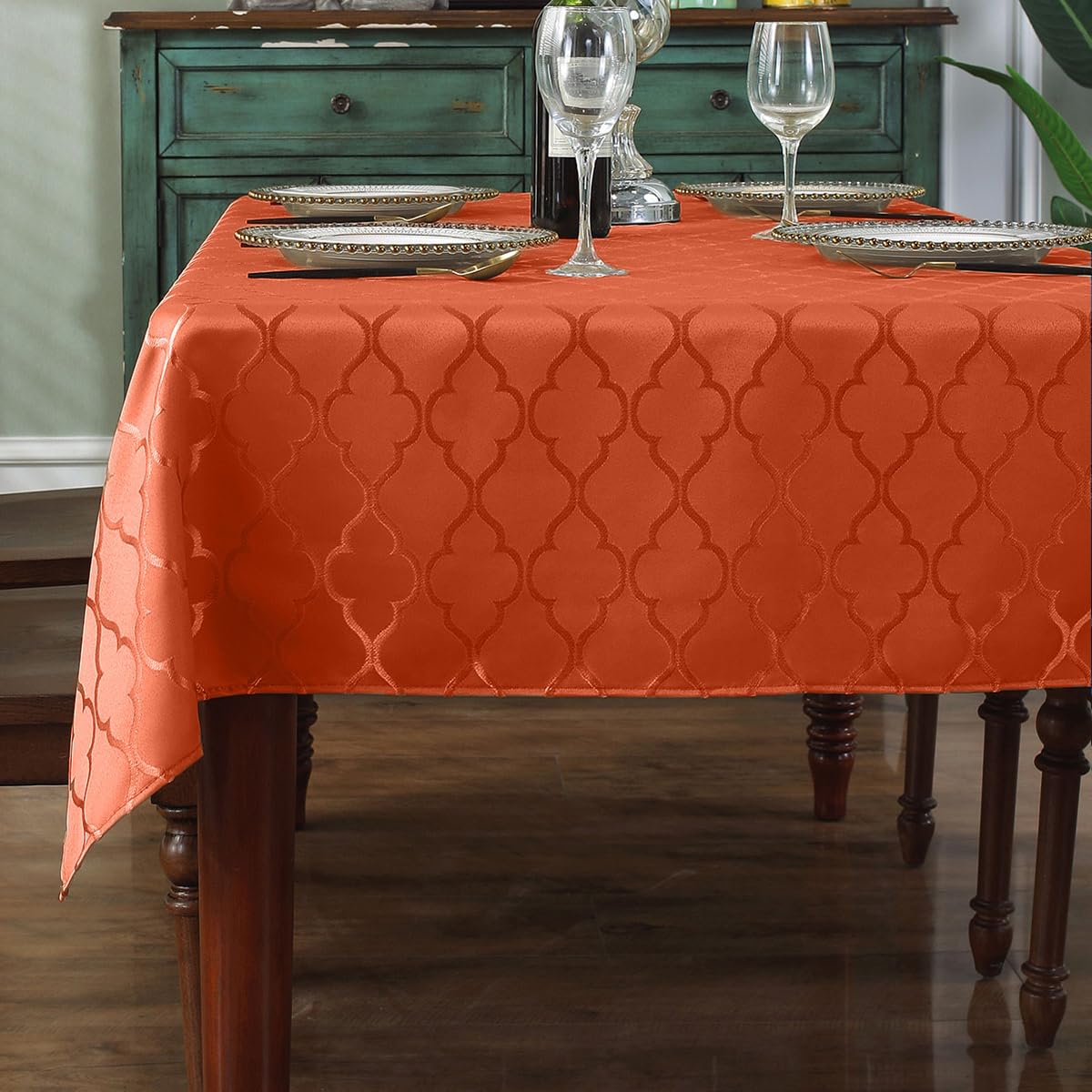 SASTYBALE Rust Jacquard Damask Tablecloth - 60x84 Inch Rectangle (Fits 6-8 Seats) - Fall Thanksgiving Decor - Water Resistant, Wrinkle-Free Polyester, Rustic Harvest Dining Cover for Parties