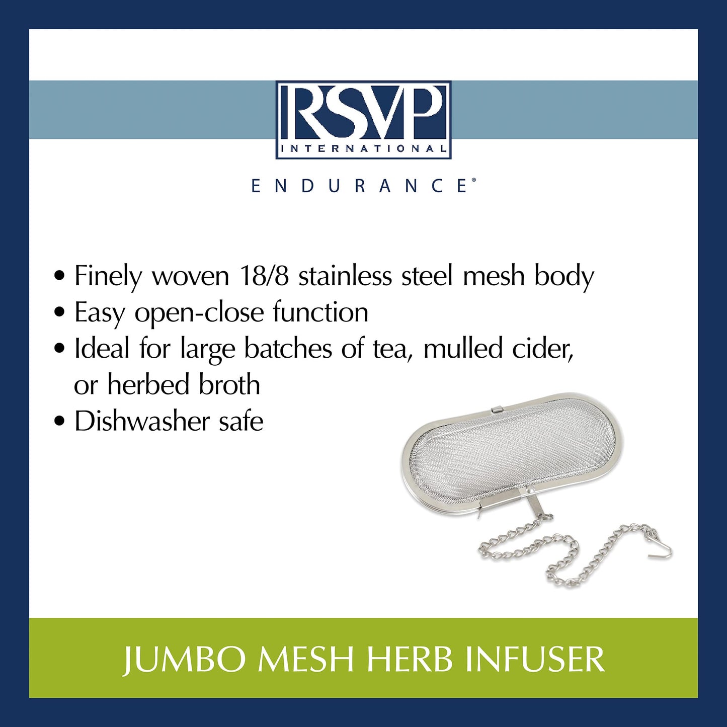 RSVP International Endurance Kitchen Collection Stainless Steel Mesh Floating Spice Infuser for Soups, Stews or Large Tea Pot, Jumbo Oval, 4.25x1.75"