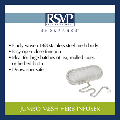 RSVP International Endurance Kitchen Collection Stainless Steel Mesh Floating Spice Infuser for Soups, Stews or Large Tea Pot, Jumbo Oval, 4.25x1.75"
