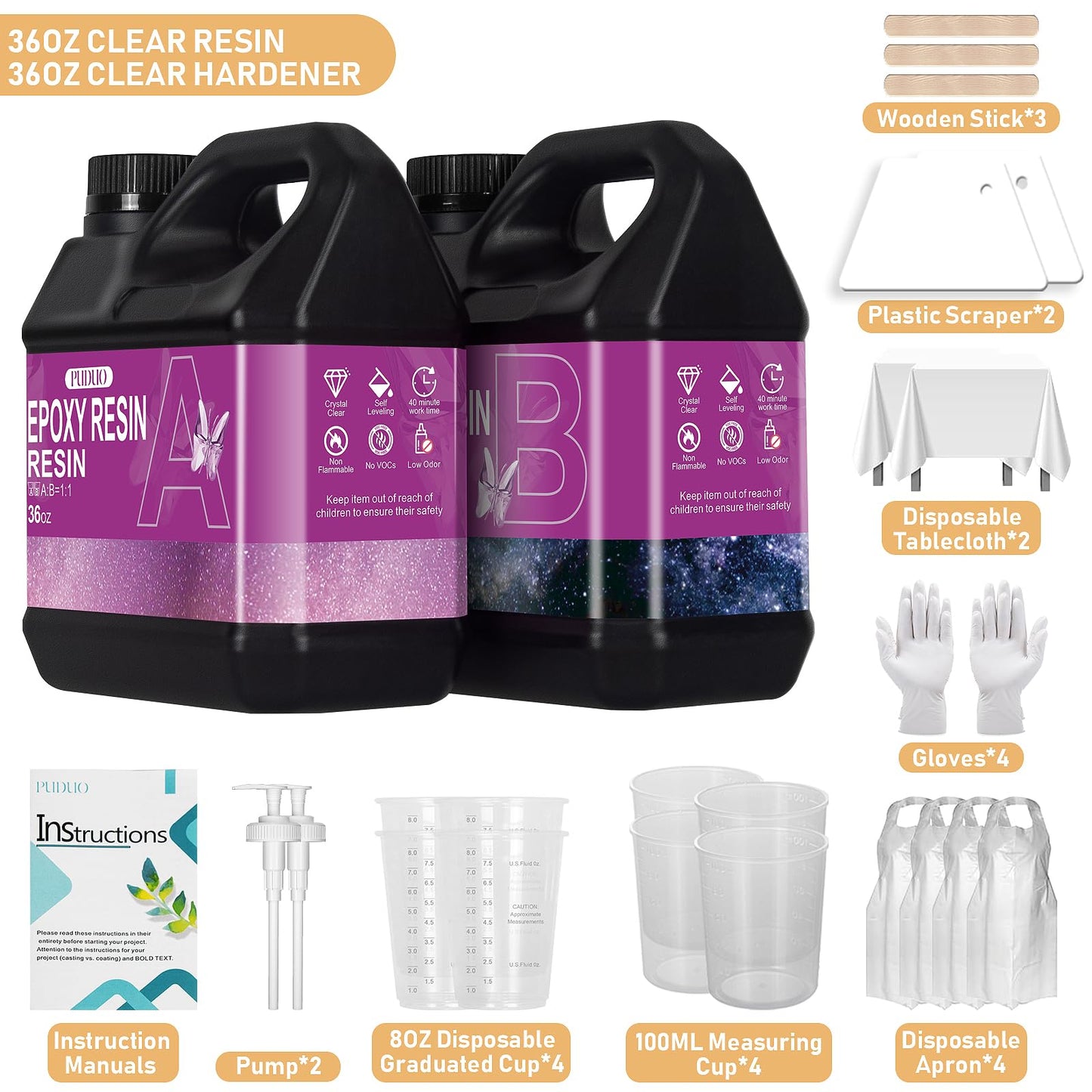 Puduo Epoxy Resin Kit 72OZ，Newly Formulated Crystal Clear Epoxy Resin，Strong, Bubble-Free, Anti-Yellowing Art Resin That，Suitable for Casting, DIY, Molds, Jewelry, Easy to Mix 1:1 Ratio