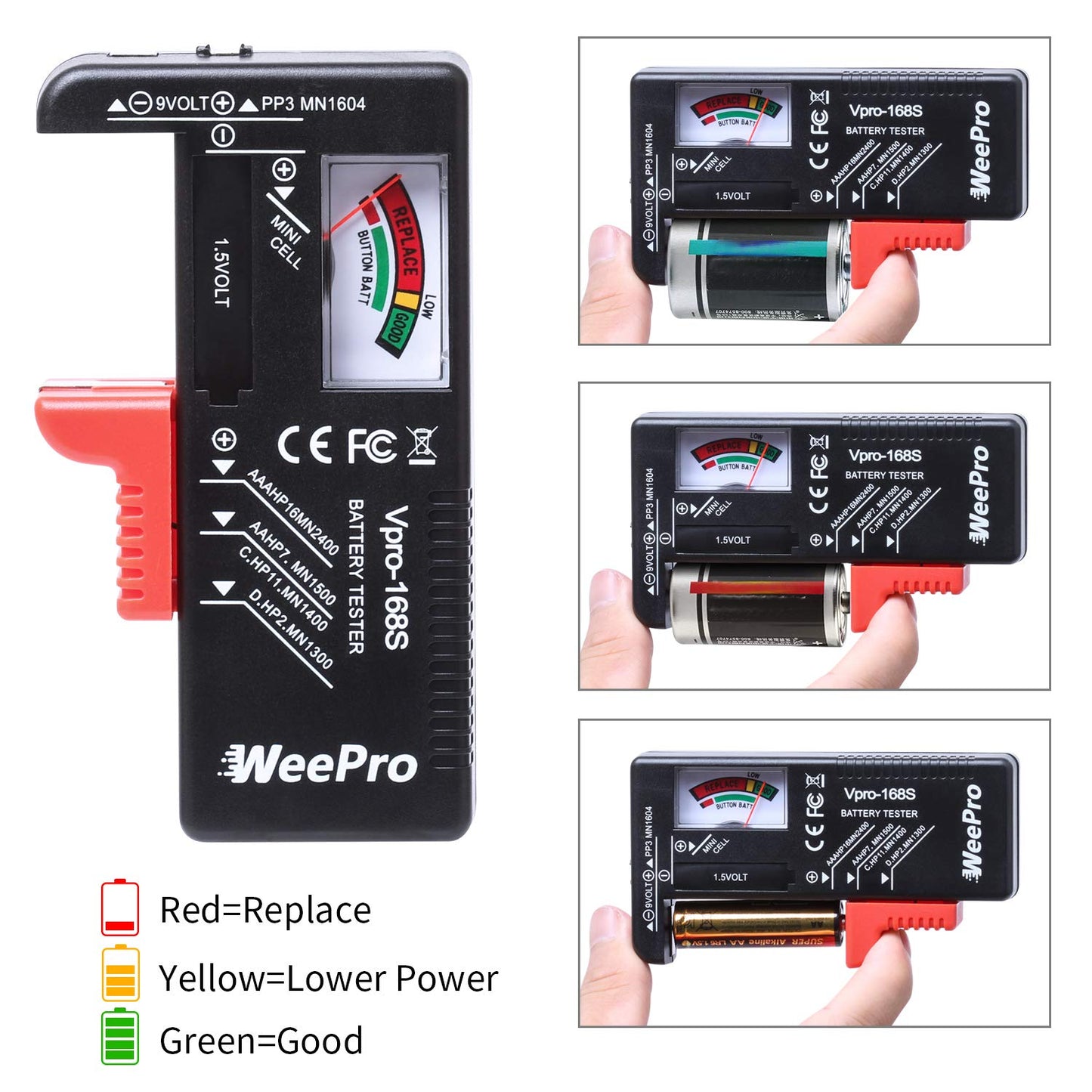 WeePro Universal Battery Checker - Small Battery Tester for AAA, AA, C, D, 9V, 1.5V, Button Cell - Household Batteries