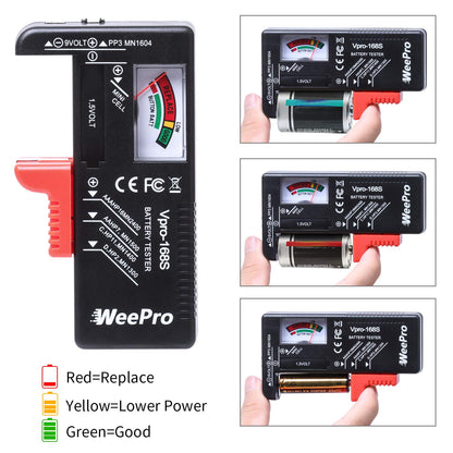 WeePro Universal Battery Checker - Small Battery Tester for AAA, AA, C, D, 9V, 1.5V, Button Cell - Household Batteries