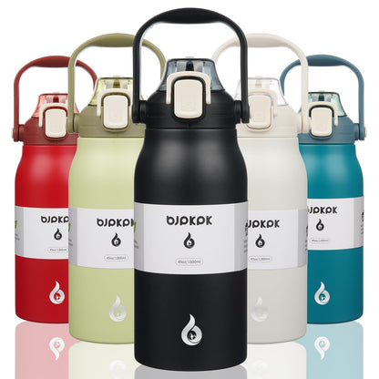 BJPKPK Insulated Water Bottles with Straw, 45 oz Stainless Steel Metal Water Bottle with One-handed Opening Lid, BPA Free Reusable Jugs, Thermo for Gym Sports Outdoors, Black