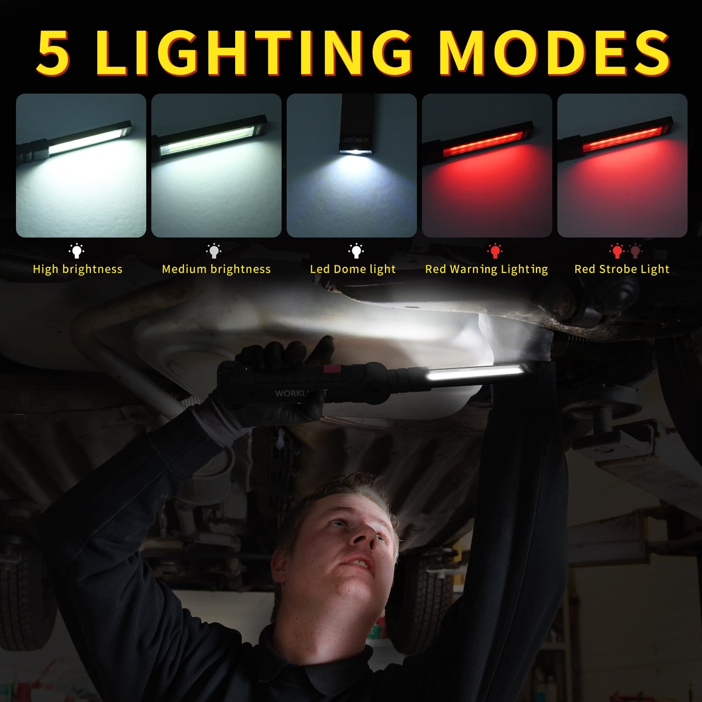 Suranew LED Worklight Flashlight, COB Rechargeable Work Lights with Magnetic Base 360 Degree Rotate and 5 Modes Portable Flood Light Inspection Construction Light for Car Repair (Black Green, 2 Pack)