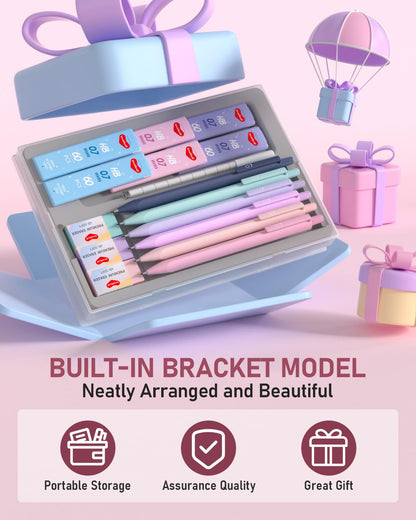 Smallbudi 6PCS 0.7mm Mechanical Pencils Set with Case, Cute Pastel Mechanical Pencil with 240PCS HB Lead Refills, 3 Erasers, Aesthetic Back to School Supplies for Student Writing Drawing Sketching