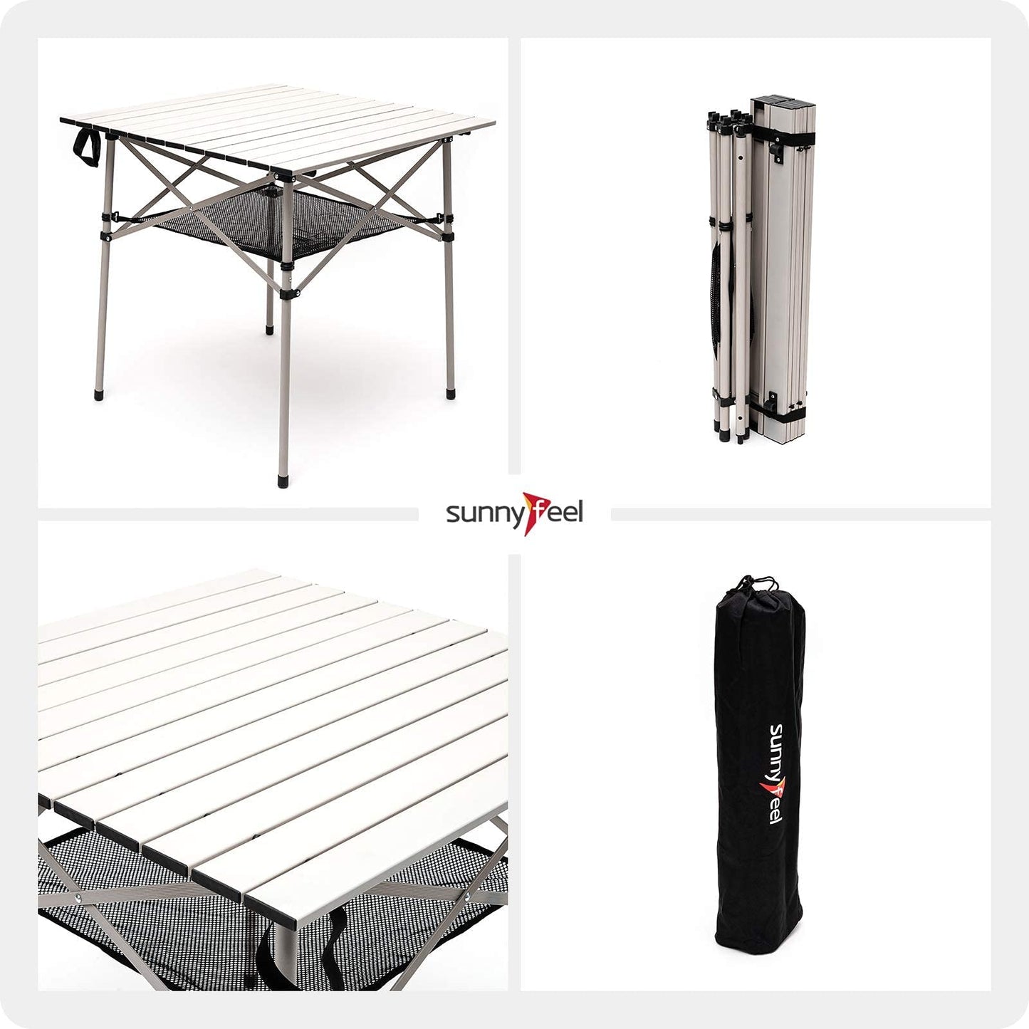 SUNNYFEEL Outdoor Folding Table | Lightweight Compact Aluminum Camping Table, Roll Up Top 4 People Portable Camp Square Tables with Carry Bag for Picnic/Cooking/Beach/Travel/BBQ