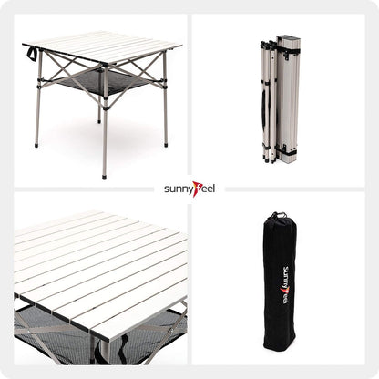 SUNNYFEEL Outdoor Folding Table | Lightweight Compact Aluminum Camping Table, Roll Up Top 4 People Portable Camp Square Tables with Carry Bag for Picnic/Cooking/Beach/Travel/BBQ