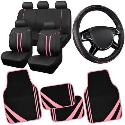 CAR PASS Car Seat Covers Full Set for Women Girls with Waterproof Car Floor Mats,Anti-Slip Leather Steering Wheel Cover,Universal Fit for SUVs,Vans,Trucks,Sedans,Cars (Combo Set,Black & Pink)