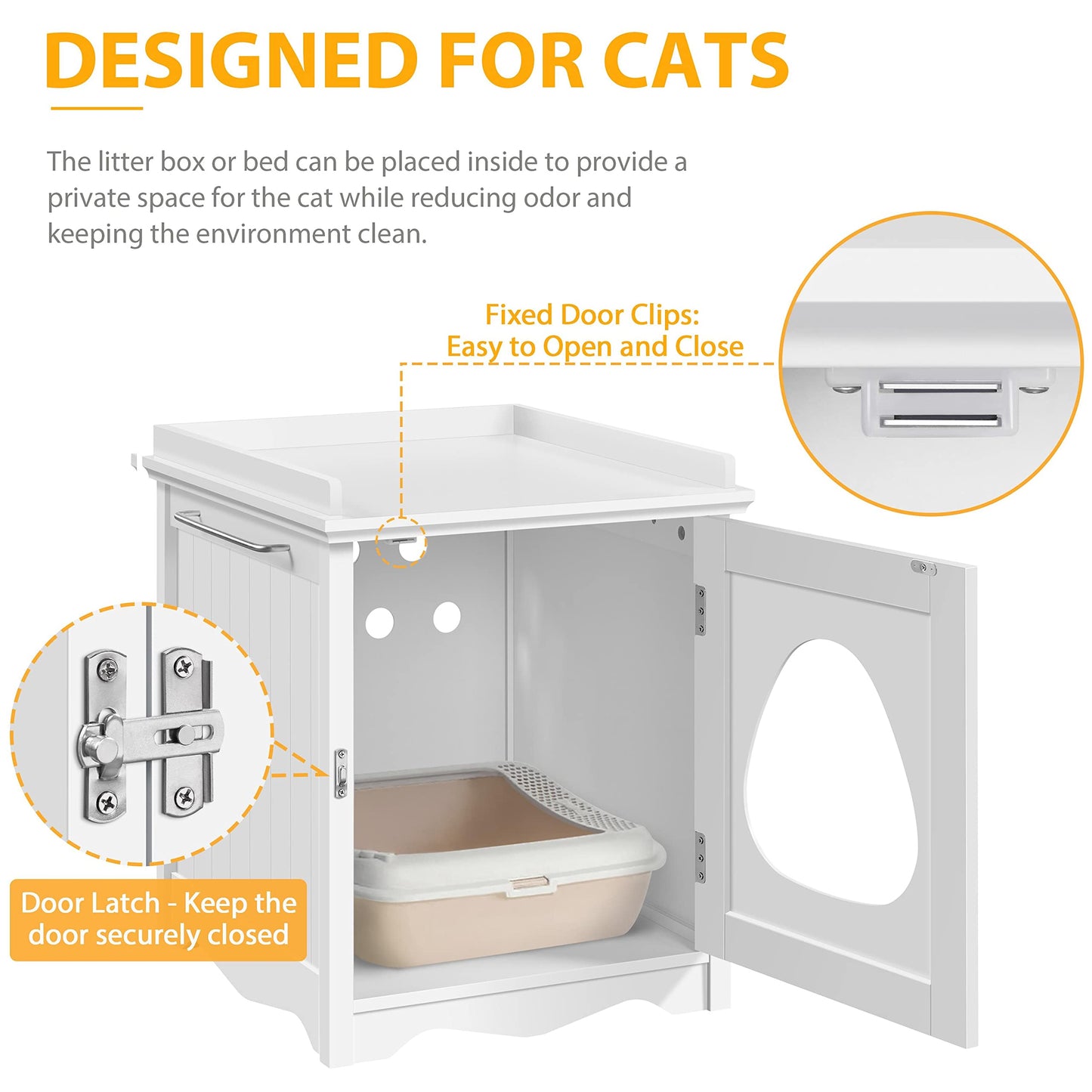 Yaheetech Cat Litter Box Enclosure, Hidden Litter Box Furniture with Side Towel Bar, Wooden Cat Washroom, Storage Cabinet, Indoor Pet House, Side Table Nightstand, White