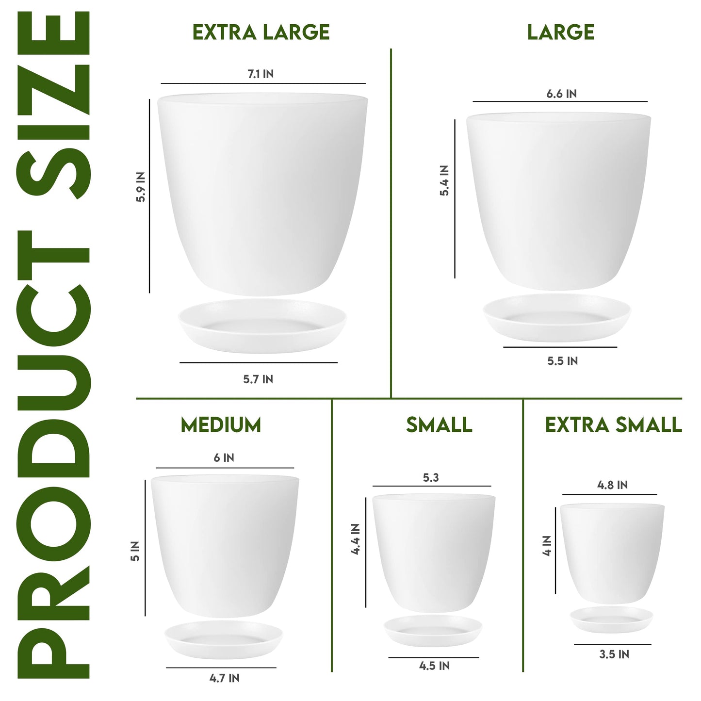 Utopia Home - Plant Pots Indoor with Drainage - 7/6.6/6/5.3/4.8 Inches Garden Flower Pots for Indoor Planter - 5 Pack White Plastic Planters - Ideal for Stocking Stuffers or Room, Office Home Decor