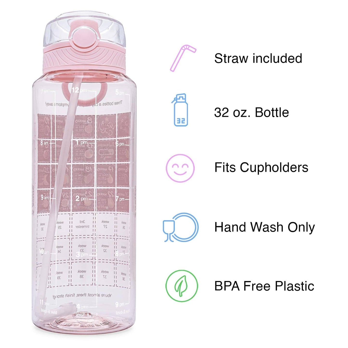 BellyBottle Pregnancy Water Bottle Tracker – Pregnancy Must Haves – Pregnancy Gifts for Expecting Mom – Pregnancy Essentials Nausea Relief – Weekly Stickers + Straw + BPA Free + Pink