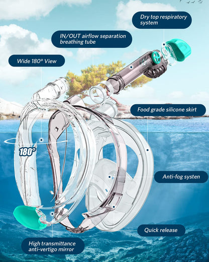 QingSong Full Face Snorkel Mask for Adults, Snorkeling Gear with Camera Mount, 180 Degree Panoramic View Snorkel Set Anti-Fog Anti-Leak