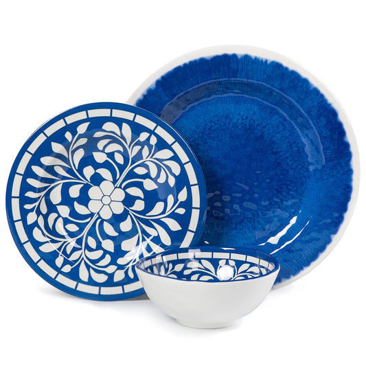 Yinshine Melamine Dinnerware Set - 12 Pcs Dinner Dishes Set for 4, Plates and Bowls Set for Indoor & Outdoor Use- Dishwasher Safe, Unbreakable, Blue