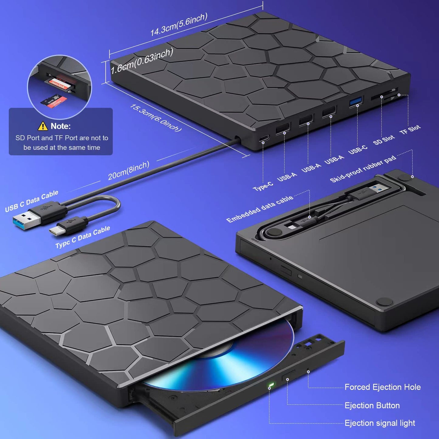 External CD/DVD Drive for Laptop, DVD Player for Laptop, 8 in 1 USB 3.0 Ultra-Slim Portable, CD Burner External Disk Drive Optical Compatible with Desktop Mac,Windows 11/10/8/7 Linux