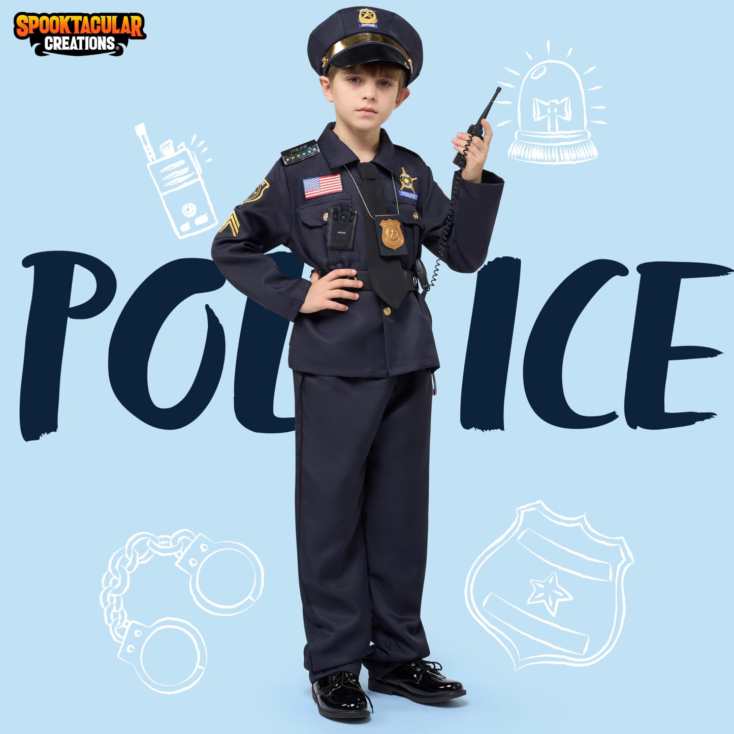 Spooktacular Creations 14PCS Halloween Police Costume for Kids, Black Police Officer Costume for Boys, Toddler Cosplay RolePlay Themed Party (Small, 5-7 yrs)