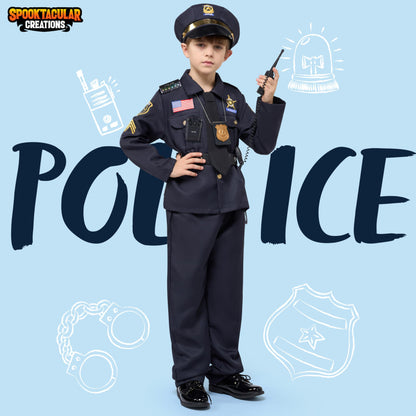 Spooktacular Creations 14PCS Halloween Police Costume for Kids, Black Police Officer Costume for Boys, Toddler Cosplay RolePlay Themed Party (Small, 5-7 yrs)