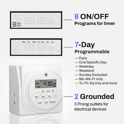 BN-LINK 7-Day Heavy Duty Digital Programmable Timer, 120V, 60Hz, Dual Outlet forLight, ETL Listed (2-Pack)