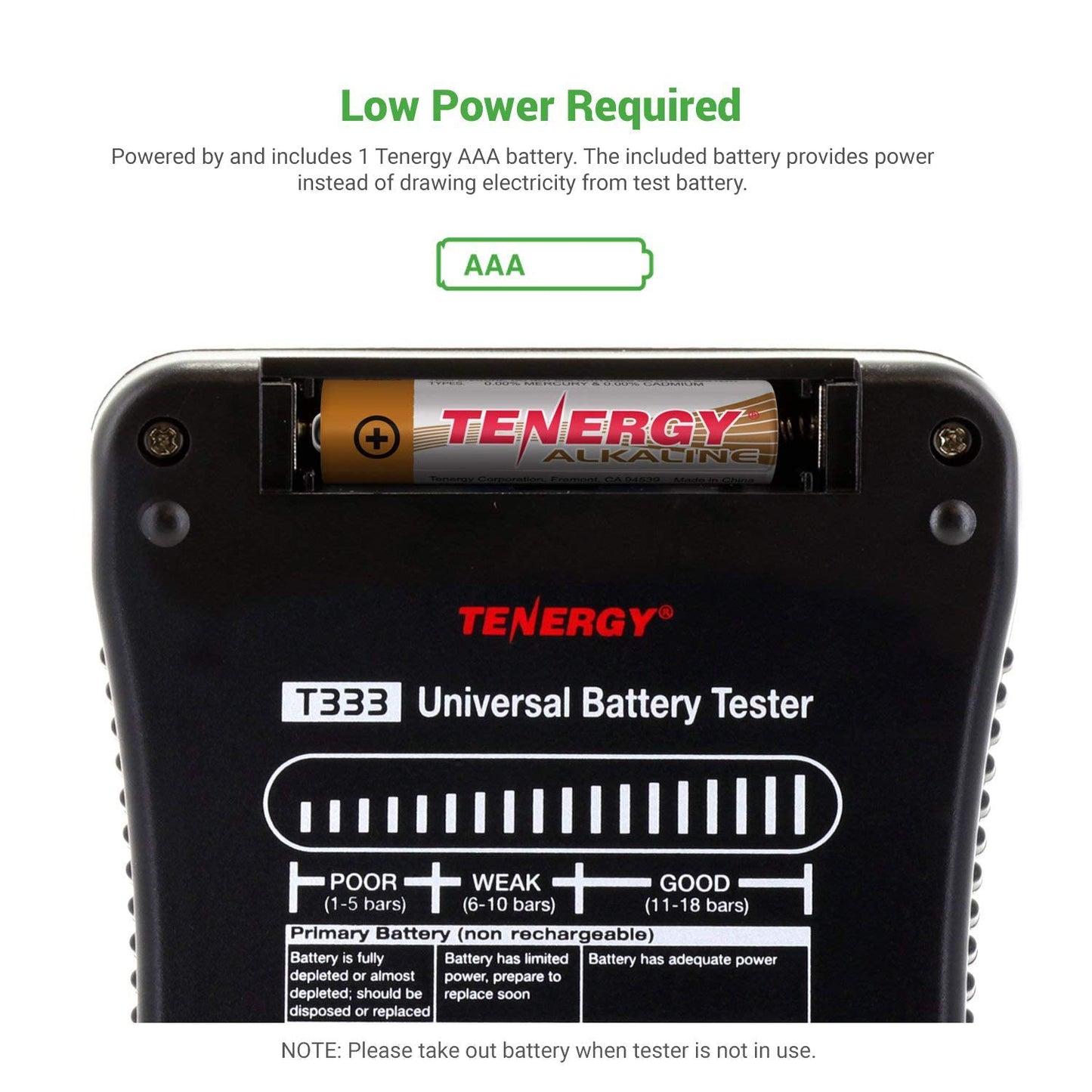 Tenergy T-333 Universal Battery Tester, LCD Display, Cell Checker, Multi-Purpose Small Battery Tester, for AA, AAA, C, D, 9V, CR123A, CR2, CRV3, 2CR5k CRP2, and Button Cell Batteries