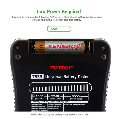 Tenergy T-333 Universal Battery Tester, LCD Display, Cell Checker, Multi-Purpose Small Battery Tester, for AA, AAA, C, D, 9V, CR123A, CR2, CRV3, 2CR5k CRP2, and Button Cell Batteries