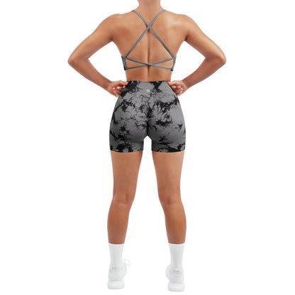 SUUKSESS Women Seamless 2 piece Workout Sets Strappy Padded Sports Bra Booty High Waisted Shorts Outfits (Black Grey,L)