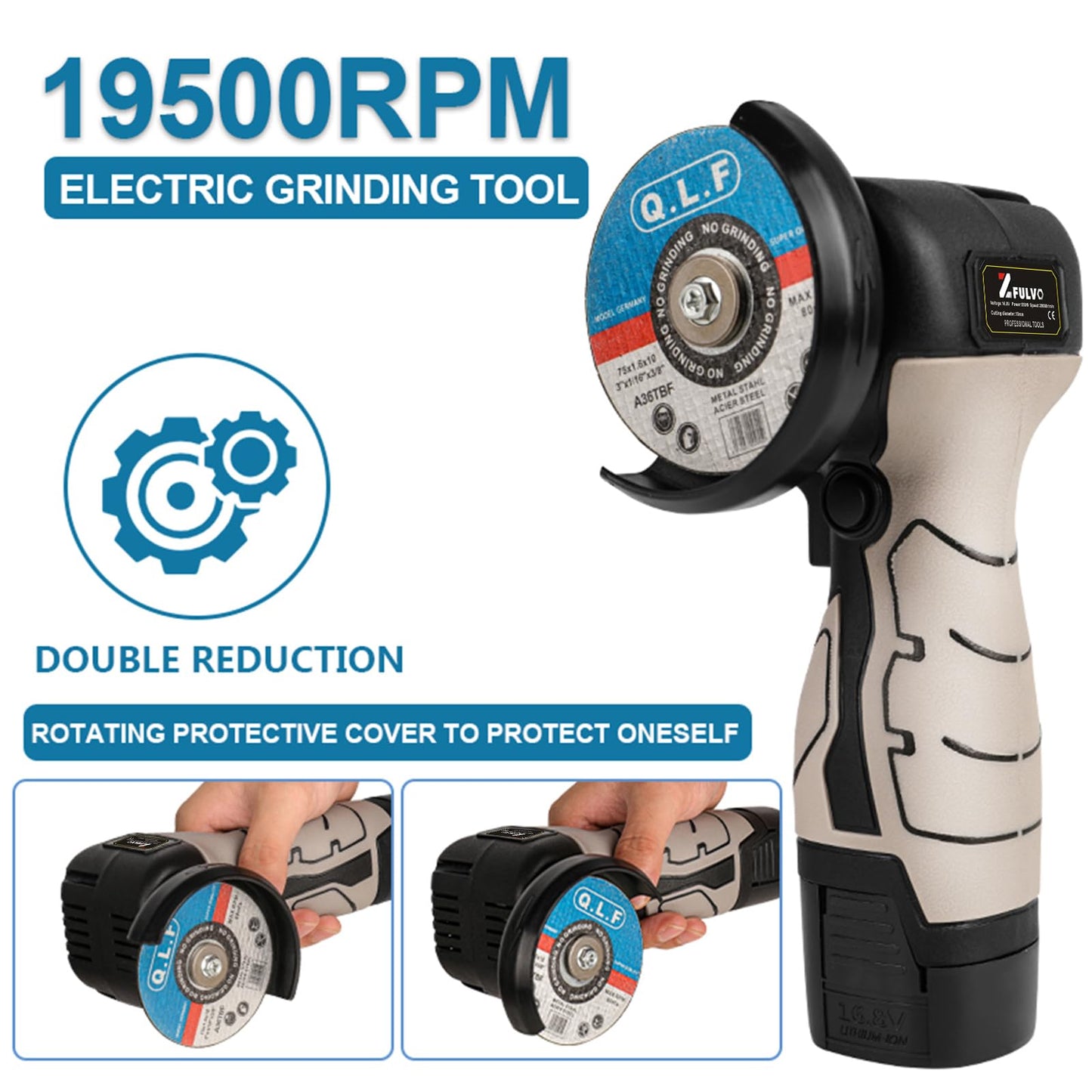 ZFULVO Cordless Brush Angle Grinder Kit, 19500rpm Mini Electric Angle Grinding Tool with 2pcs 16.8V 2000mAh Batteries and 5-Cutting Discs, Grinder Handheld Cutter for Metal Wood