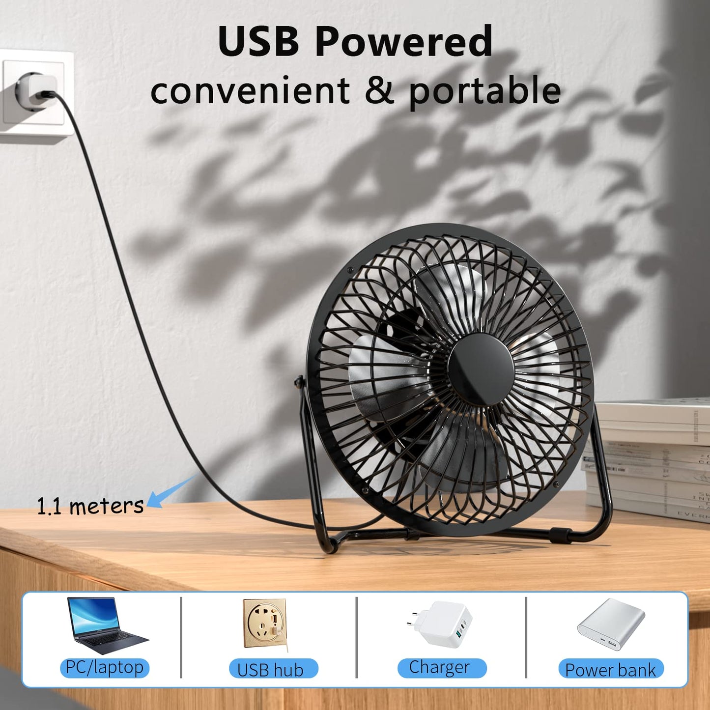 Zuvas Desk Fan Quiet Small USB Fan 360° Rotation Portable Table Fan 2 Speed Mini Personal Fan Air Cooling Electric Fan for Home Office Bedroom Travel Camping, 4 inch Black
