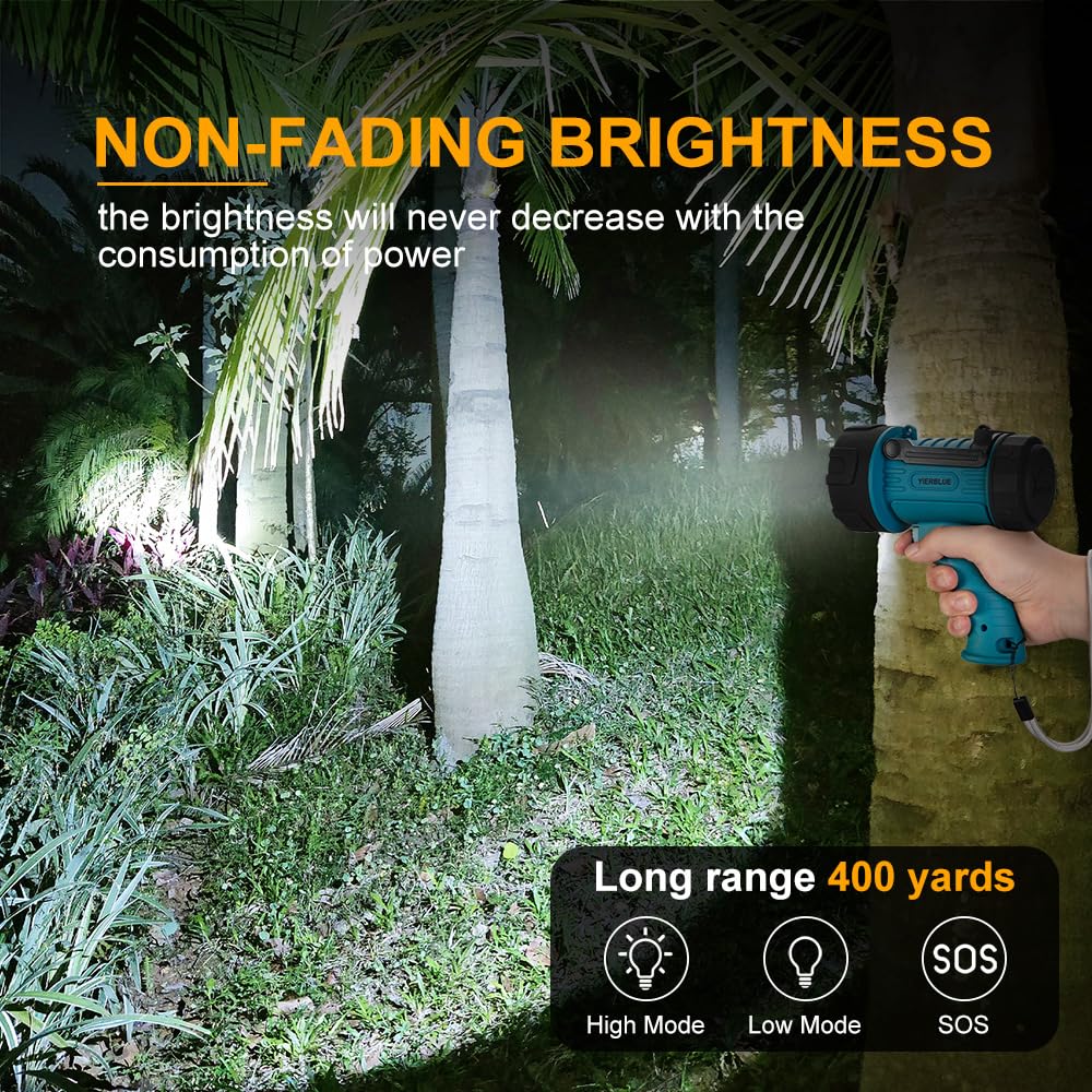 YIERBLUE Rechargeable Spotlight Flashlight IP67 Waterproof with 90,000 Lumen LED, 12 Hours Long Running Spot Light, Impact Resistant Handheld Spotlight with Foldable Stand Red Lens