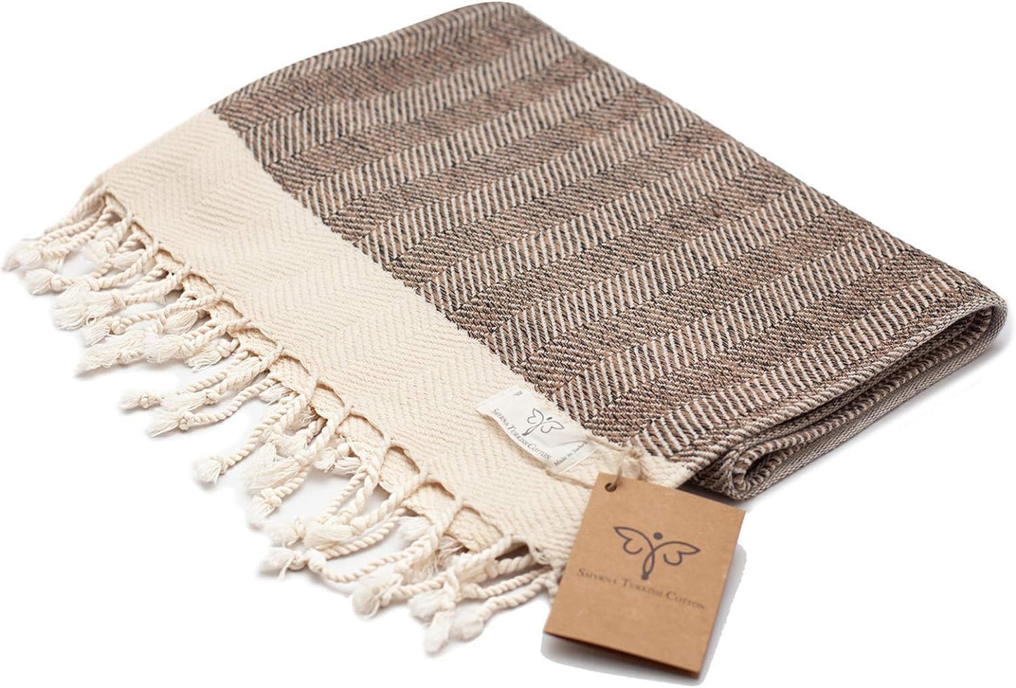 SMYRNA TURKISH COTTON Herringbone Series Turkish Hand Towels Set of 2, 16x40 inch, Decorative Turkish Hand Towels for Bathroom, Kitchen, Face, Hair, Tea, Yoga, Gym, Dishcloth Set of 2, Latte