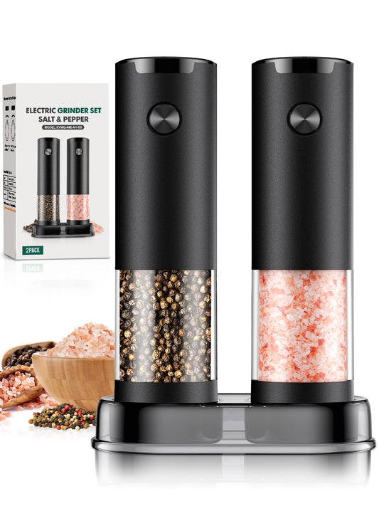 Electric Salt and Pepper Grinder Set Automatic Battery Pepper Mill Shakers Adjustable Coarseness Easy Filling Upgraded Larger Capacity with Led Kitchen Appliances (2 Pack Black/Black）