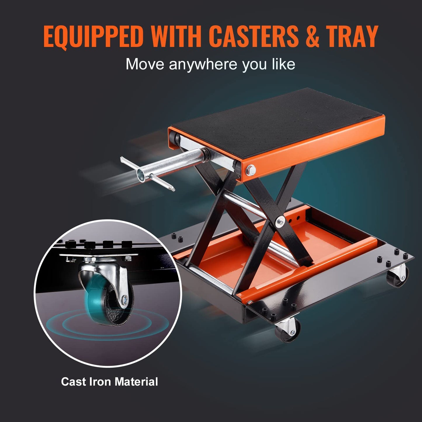 VEVOR Motorcycle Lift, 1100 LBS Motorcycle Lift ATV Scissor Lift Jack with Dolly & Hand Crank, Center Hoist Crank Stand with Wide Deck & Tool Tray for Street Bikes, Cruiser Bikes, Touring Motorcycles