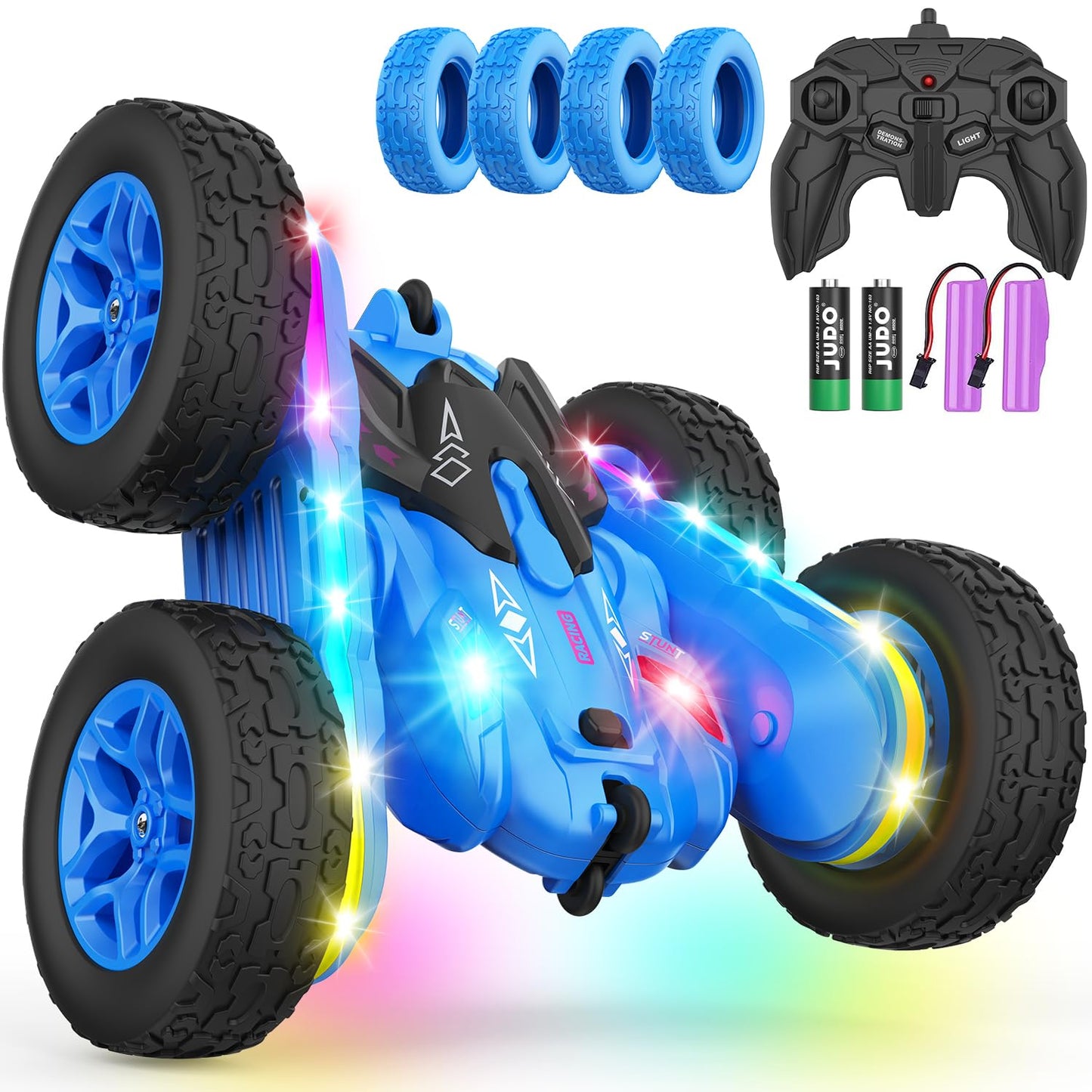 Terucle Remote Control Car, Rc Cars Stunt Kids Toys New Upgraded Strip Lights and Headlights Double-Sided 360° Rotating 4WD Drift Truck for Boys Girls Birthday Gift (Blue)