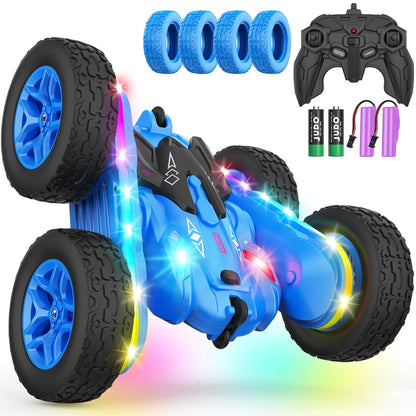Terucle Remote Control Car, Rc Cars Stunt Kids Toys New Upgraded Strip Lights and Headlights Double-Sided 360° Rotating 4WD Drift Truck for Boys Girls Birthday Gift (Blue)