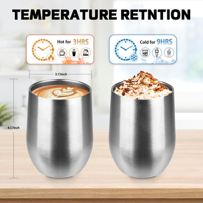 StarSpeed 12oz/6 Pack Wine Tumbler with lid, Stainless Steel Travel Mugs Stemless Double Wall Insulated Coffee Cup, Insulated Wine Glasses Travel Tumbler for Cold & Hot Drinks(Silver, 6)