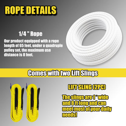 FITHOIST Block and Tackle 4400LBS Breaking Strength Heavy Duty Pulley, 65 Ft Rope Pulley, 7:1 Lifting Power Pulley System, Pulley Hoist with 2 Pcs 8 Ft Lift Sling