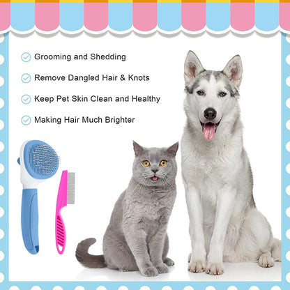 Cat Brush for Shedding and Grooming, Pet Self Cleaning Slicker Brush with Cat Hair Comb by KALAMANDA (Blue)