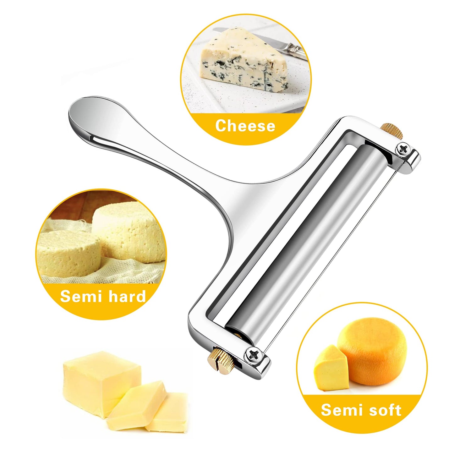 TOPULORS Wire Cheese Slicer Stainless Steel Handheld Cheese Cutter for Mozzarella, Cheddar, Gruyere - with 1 Extra Wire - Adjustable Thickness Cheese Shaver Cheese Slicers for Block Cheese (Silver)