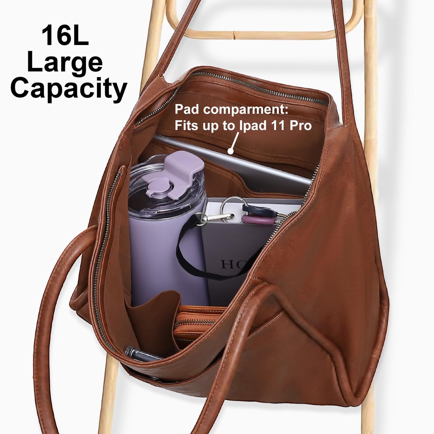 Large Tote Bag for Women Work with Zipper 16L Vegan Leather Ladies Travel Purses and Handbags Brown