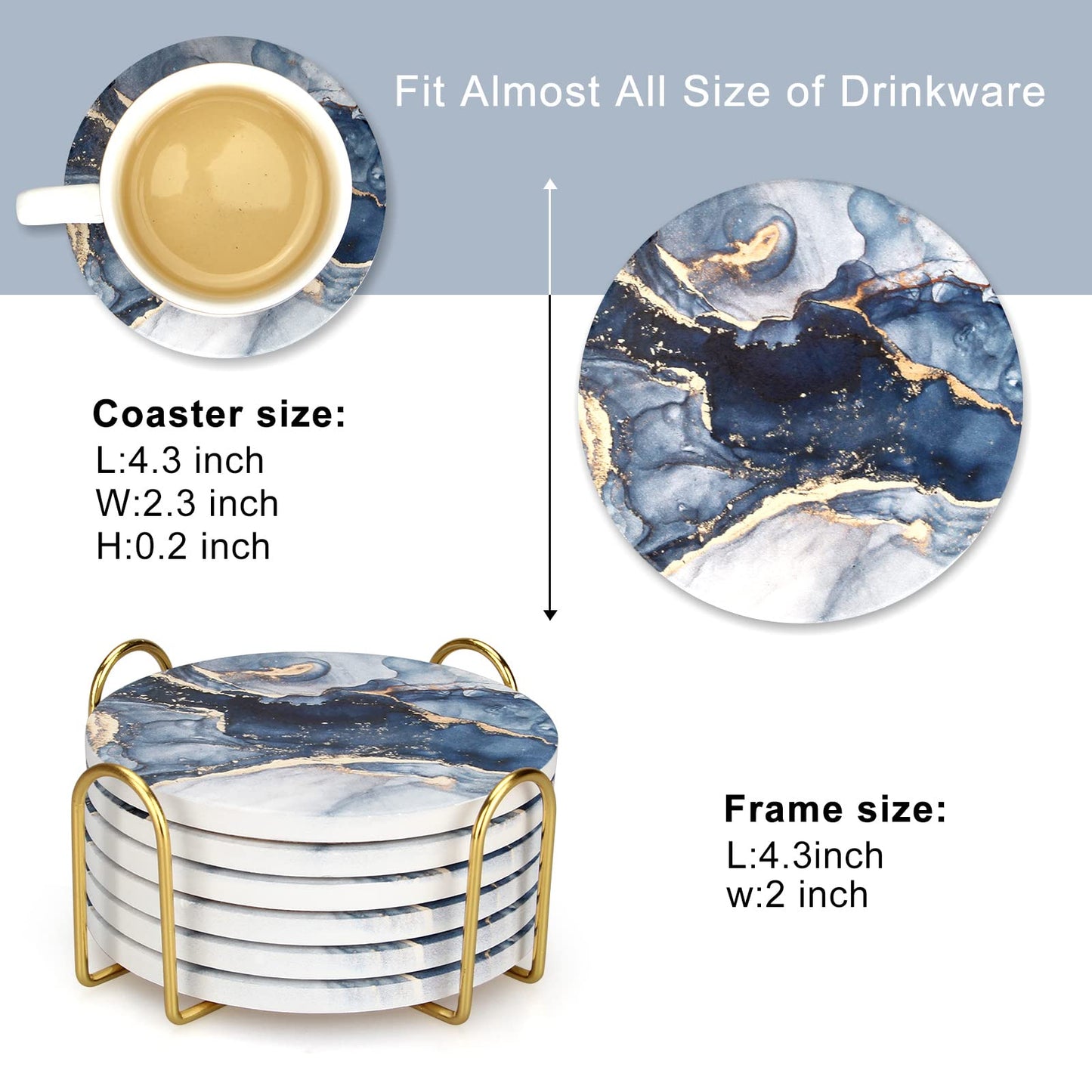 6 Pcs Navy Blue Marble Abstract Ceramic Coasters with Holder Best Absorbent Drink Coasters Round Ceramic Table Coasters Set Decorative Coffee Cup Beverage Coasters Wine Beer Bar Coasters