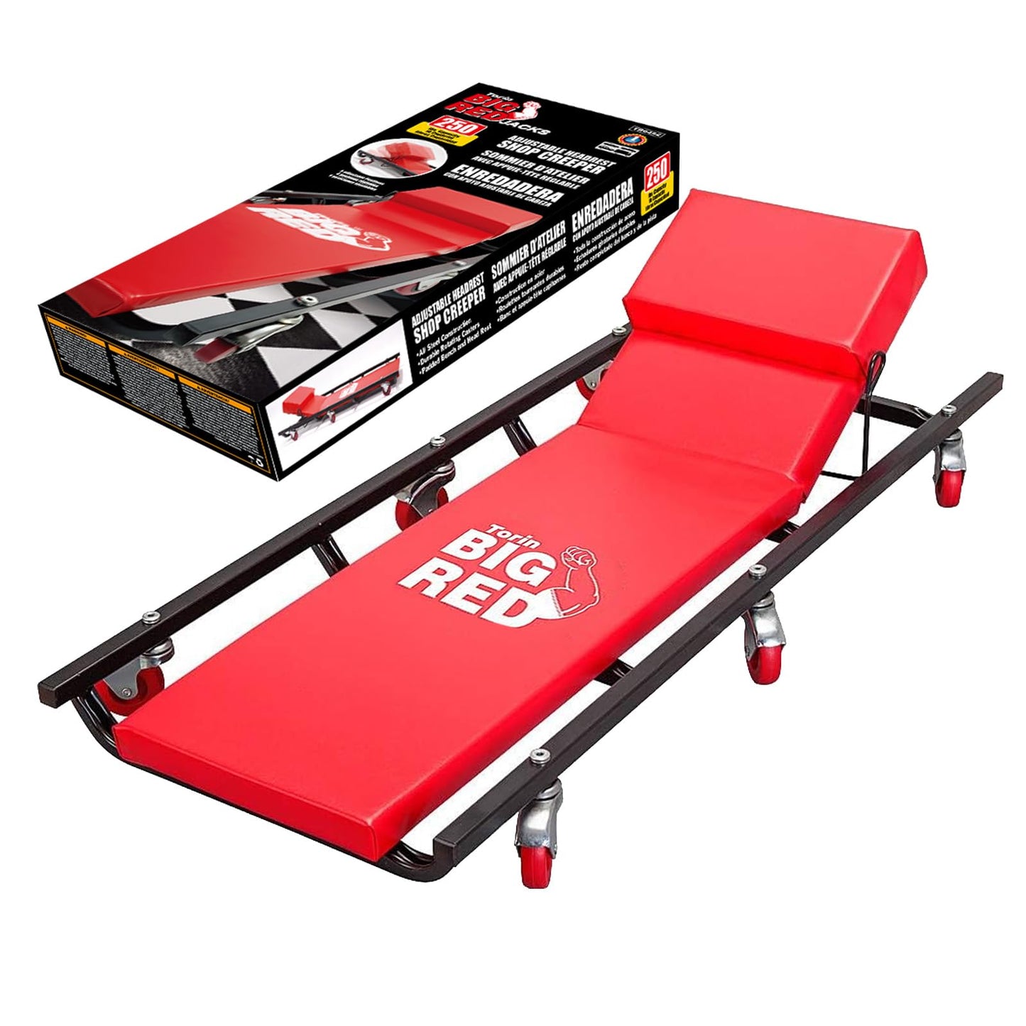 BIG RED TR6452 Torin Rolling Garage/Shop Creeper: 40" Padded Mechanic Cart with Adjustable Headrest and 6 Casters, Red