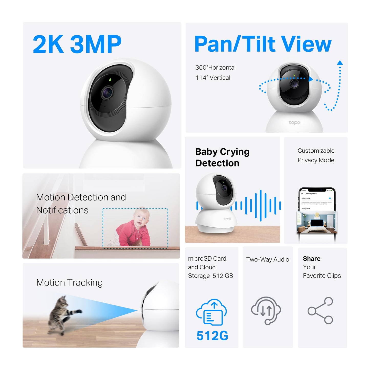 TP-Link Tapo 2K Pan/Tilt Security Camera for Baby Monitor, Dog Camera w/Motion Detection, 2-Way Audio, Siren, Night Vision, Cloud & SD Card Storage, Works with Alexa & Google Home, 2-Pack (C210P2)