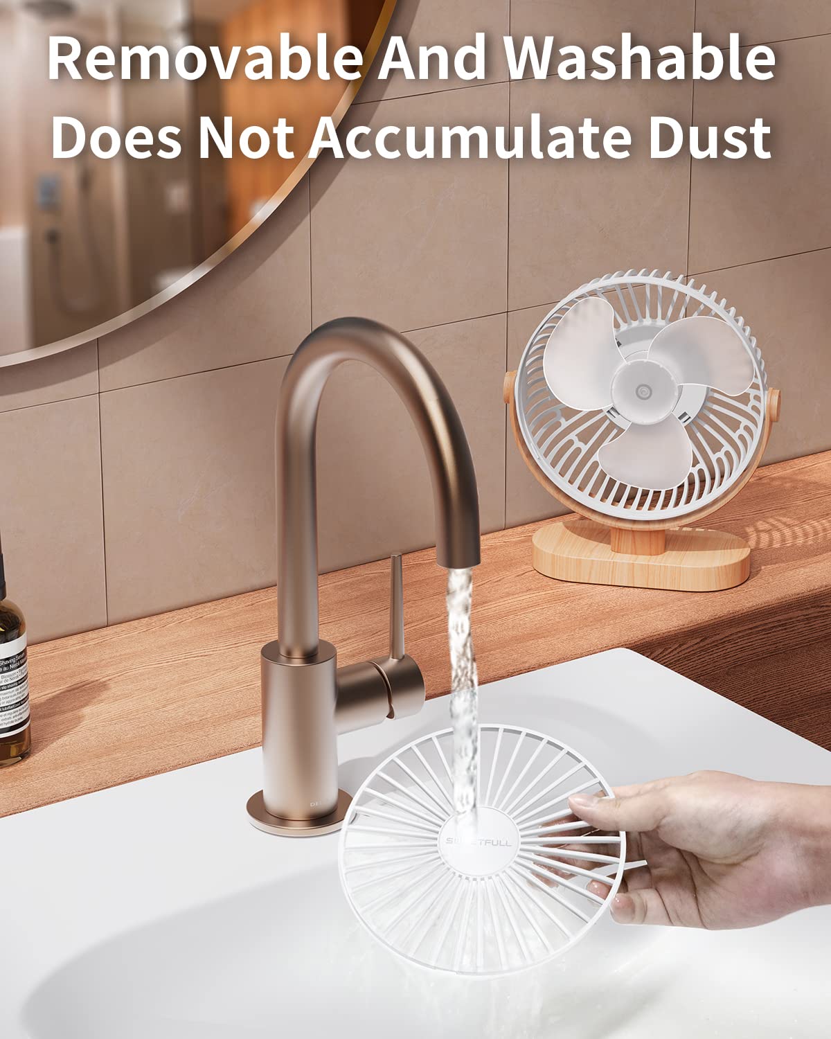 SWEETFULL Small USB Desk Fan 6.5 Inch, 3 Speeds Portable Personal Desktop Table Fan, Dual 360° Adjustment Mini Fan, Quiet Operation, for Home Office Car Outdoor Travel (White wood grain)