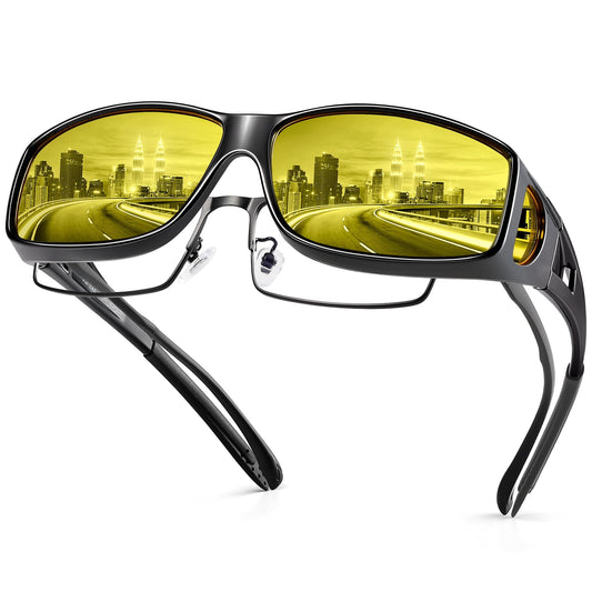 URUMQI Anti Glare Night Driving Glasses Fit Over Eyeglasses for Men Women, Polarized Nighttime Glasses HD Vision Yellow Lens
