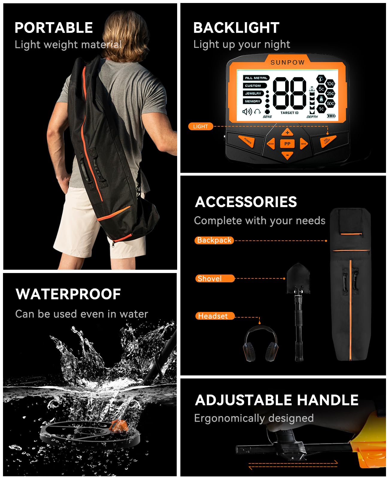 SUNPOW Metal Detector for Adults Professional - Waterproof Higher Accuracy 5 Modes Gold Metal Detector with Strong Anti-Interference, Advanced DSP Chip, 11" Detection Depth - OTMD09