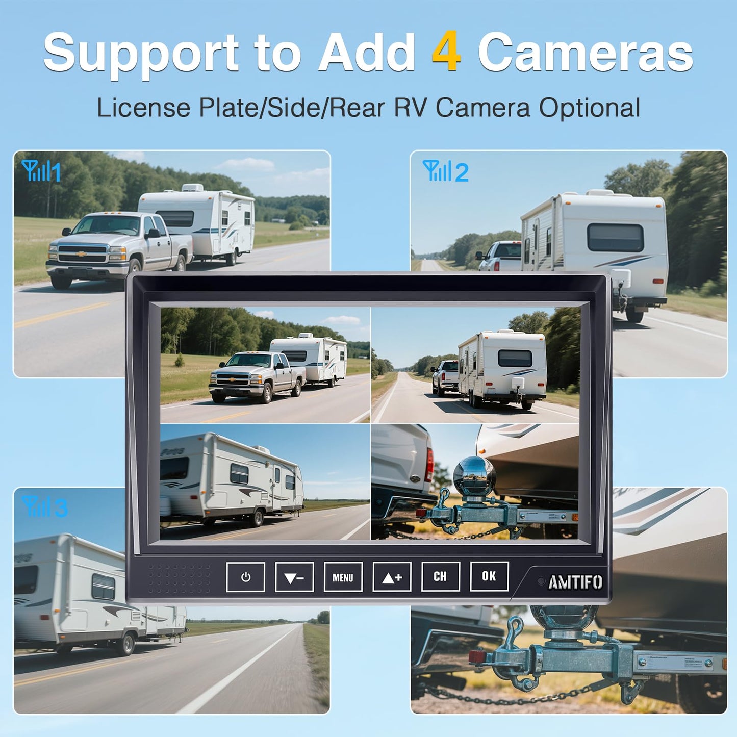 RV Backup Camera Wireless Easy Install: Plug & Play for Furrion Pre-Wired RVs - 7″ HD Touch Key Monitor, 1080P DVR, 4-Channel Split-Screen, Night Vision, IP69K Waterproof AMTIFO A7
