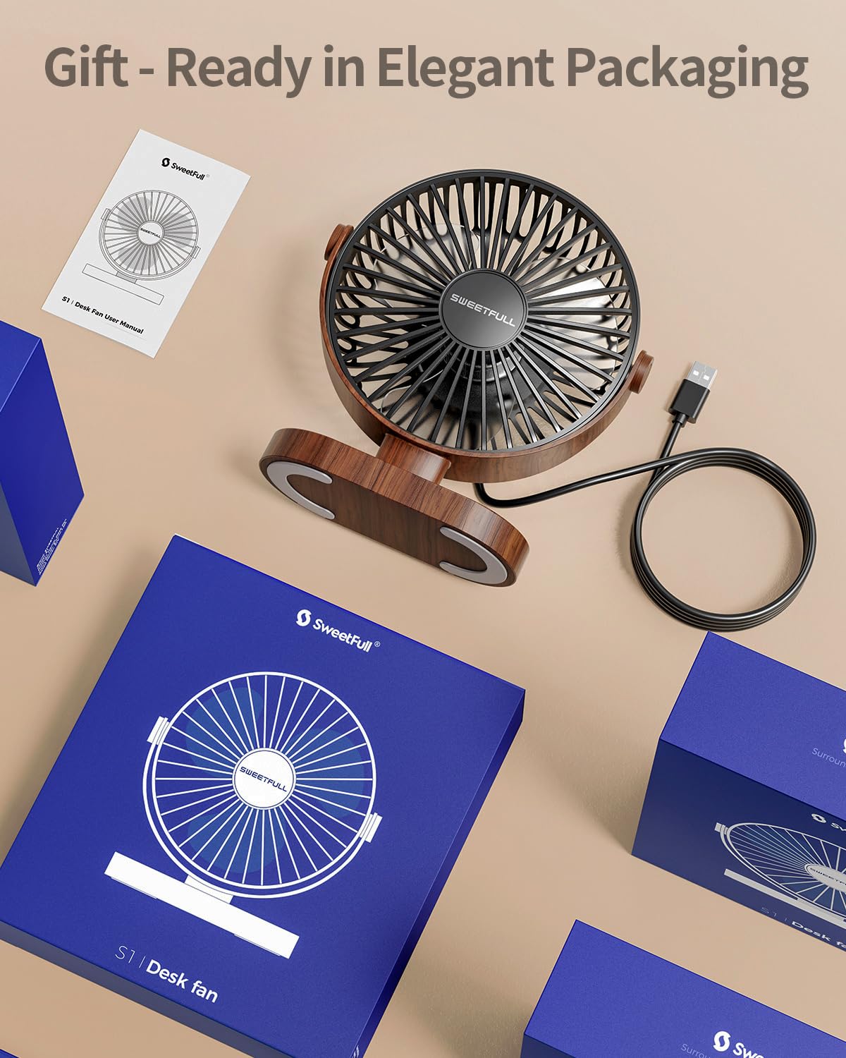 SWEETFULL 6.5 Inch USB Small Desk Fan, 3 Speeds Quiet Portable Desktop Table Fan, 360° Adjustment Personal Mini Fan for Home Office Car Outdoor Travel (Black wood grain)