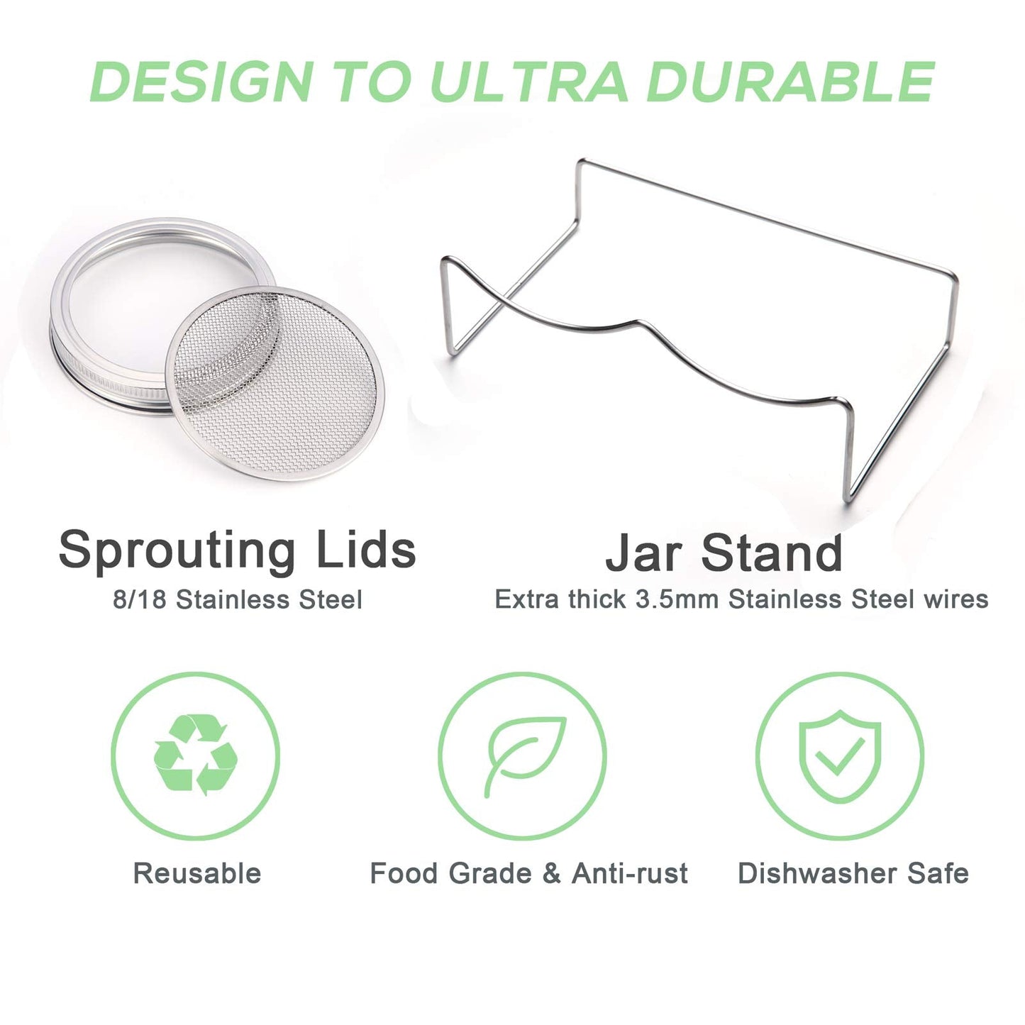 Sprouting Jar Kit-2 Wide Mouth Quart Mason Jars with 316 Stainless Steel Screen Sprout Lids, Drip Tray, Stand | Seed Sprouter Set for Growing Broccoli, Alfalfa, Mung Bean