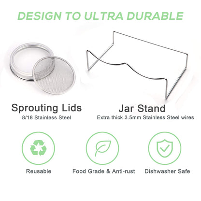 Sprouting Jar Kit-2 Wide Mouth Quart Mason Jars with 316 Stainless Steel Screen Sprout Lids, Drip Tray, Stand | Seed Sprouter Set for Growing Broccoli, Alfalfa, Mung Bean