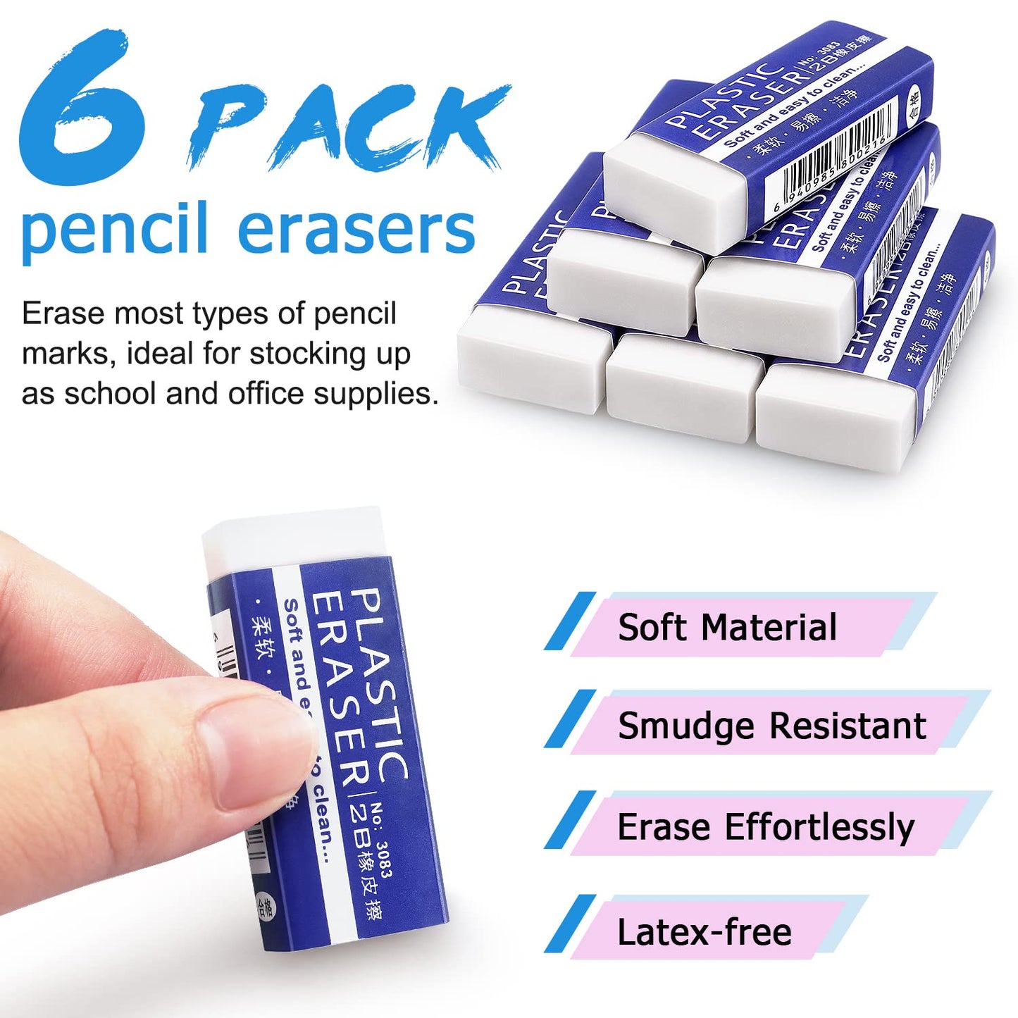 Tamaki 6 Pack Erasers, Large White Erasers for School Office, Art Eraser for Drawing