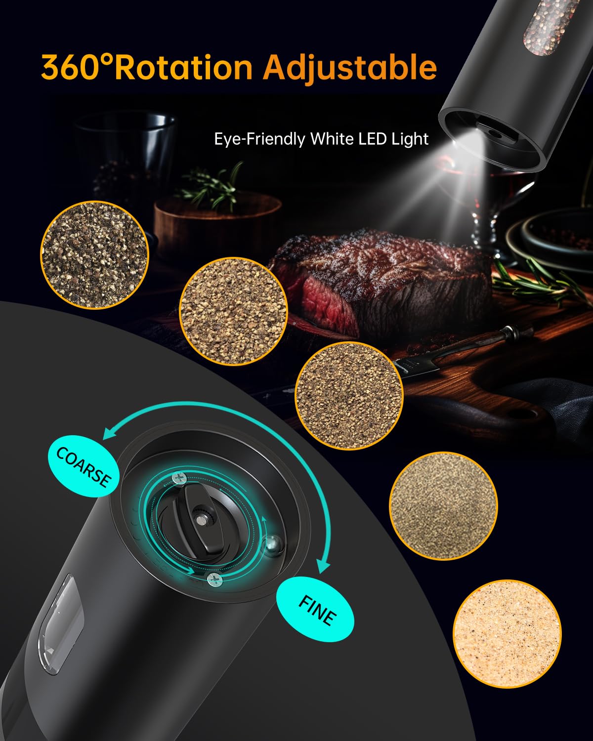 CIRCLE JOY Electric Rechargeable Salt and Pepper Grinder Set Top-Refill Automatic Pepper Mill Grinder with Charging Base, Adjustable Coarseness, Easy Filling Larger Capacity with Led for Home Kitchen